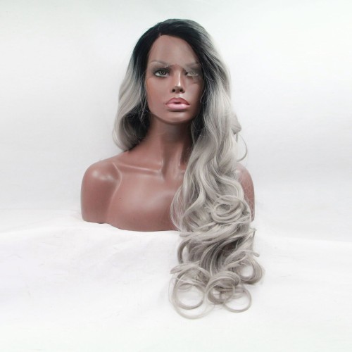Silver Grey Ombre Wavy Lace Front Synthetic Wigs LF713