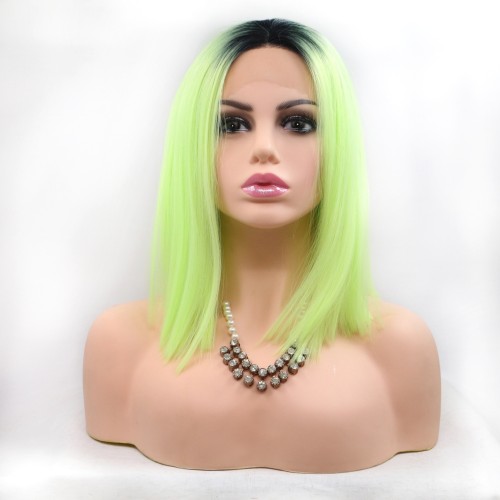Fluorescent Green With Dark Roots Straight Bob Lace Front Synthetic Wigs LF653