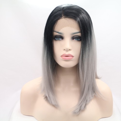 Black Grey Ombre Straight Bob Lace Front Synthetic Wigs LF652