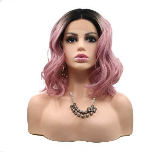 Dark Pink Gradient Body Wavy Bob Lace Front Synthetic Wigs LF651