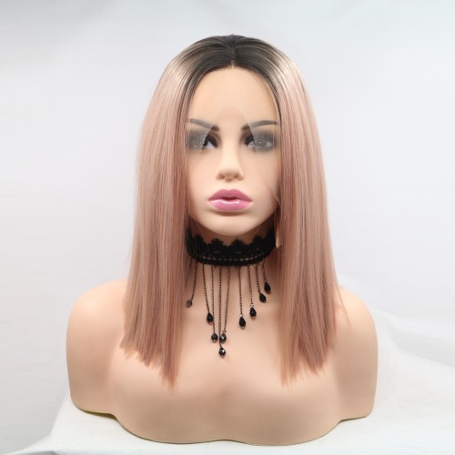  Dark Pink With Dark Roots Straight Bob Lace Front Synthetic Wigs LF632
