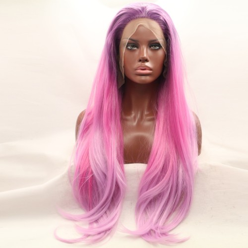 Light Purple Pink Ombre Straight Lace Front Synthetic Wigs LF628
