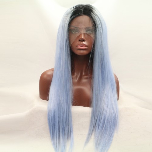 Light Blue With Dark Roots Long Straight Lace Front Synthetic Wigs LF732