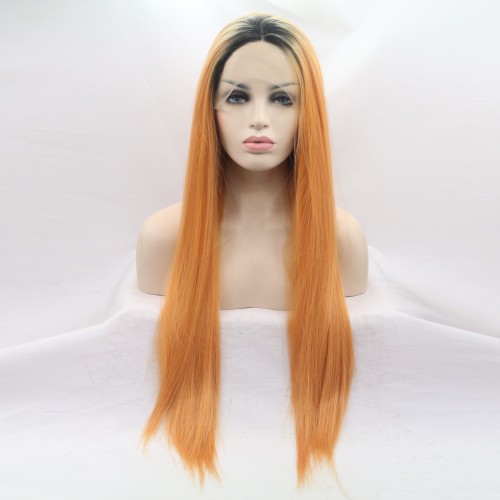 Orange With Dark Roots Long Straight Lace Front Synthetic Wigs LF742