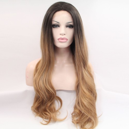 Milk Tea With Dark Roots Wavy Lace Front Synthetic Wigs LF712