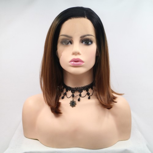 Black Brown Ombre Straight Bob Lace Front Synthetic Wigs LF648