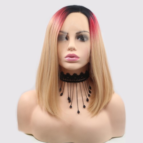 Black Red Golden Ombre Straight Bob Lace Front Synthetic Wigs LF646