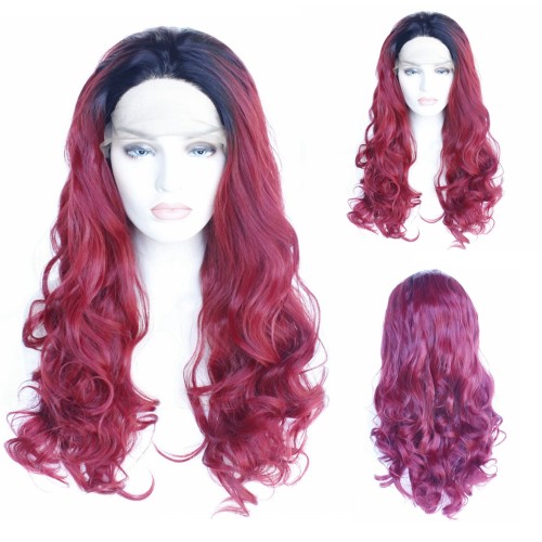 Dark Red With Dark Roots Body Wavy Lace Front Synthetic Wigs LF531