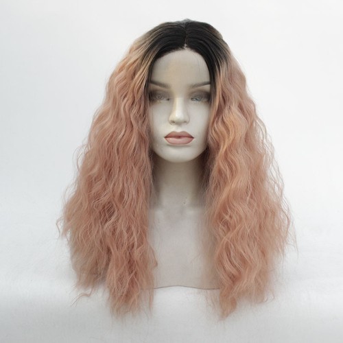 Pink With Dark Roots Short Loose Curly Lace Front Synthetic Wigs LF524
