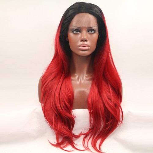 Black Red Ombre Straight Lace Front Synthetic Wigs LF629
