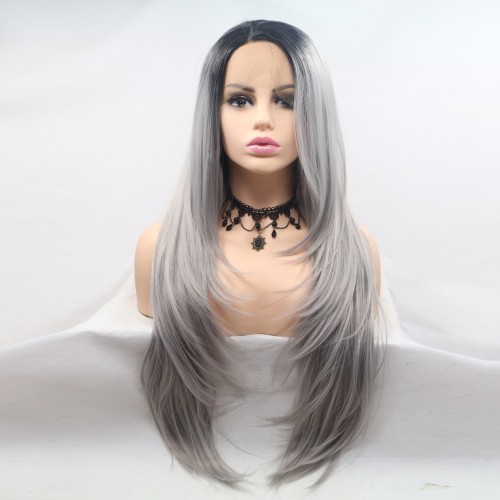 Grey With Dark Roots Straight Lace Front Synthetic Wigs LF618
