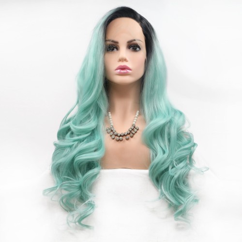 Light Lake Green With Dark Roots Wavy Lace Front Synthetic Wigs LF703