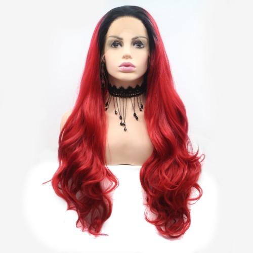Black Red Ombre Wavy Lace Front Synthetic Wigs LF700