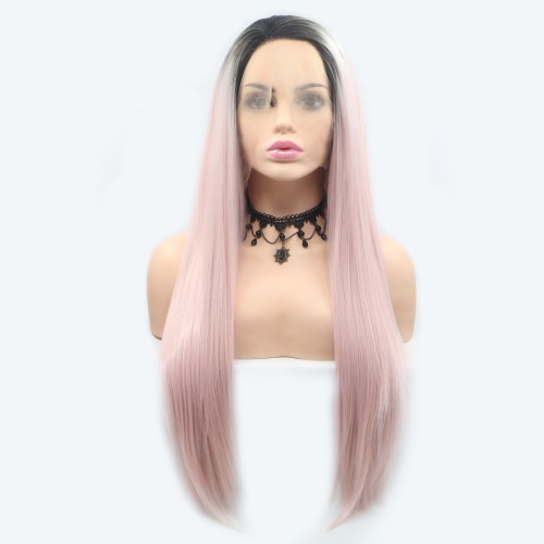 Light Pink With Dark Roots Long Straight Lace Front Synthetic Wigs LF729
