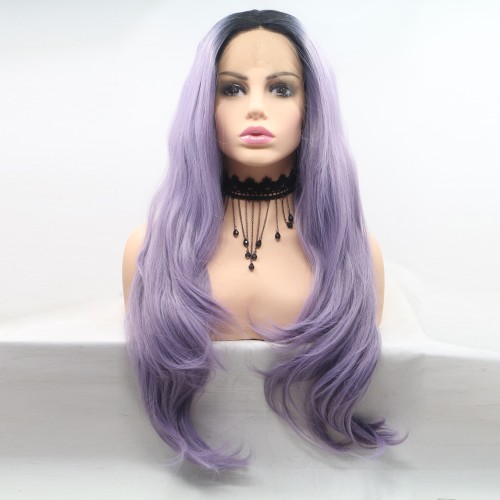 Violet With Dark Roots Wavy Lace Front Synthetic Wigs LF701