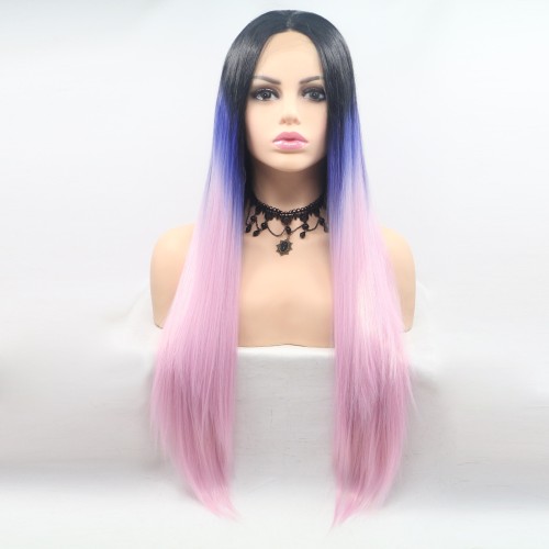 Dark Gray Blue Pink Ombre Long Straight Lace Front Synthetic Wigs LF739