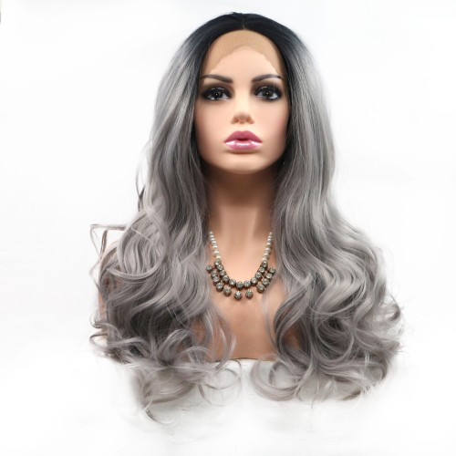 Two Tone Grey Ombre Body Wavy Lace Front Synthetic Wigs LF675