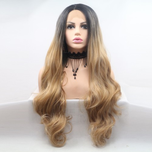 Light Brown With Dark Roots Wavy Lace Front Synthetic Wigs LF699