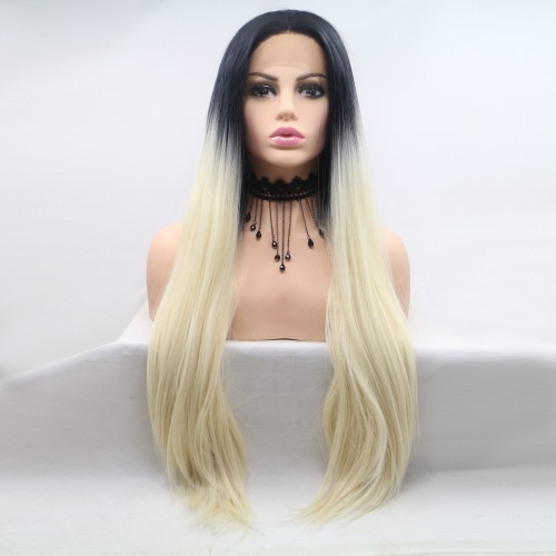 Black Blonde Ombre Straight Lace Front Synthetic Wigs LF623