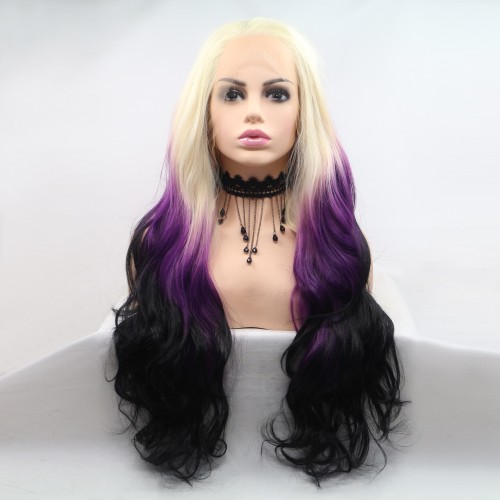 Blonde Purple Black Ombre Wavy Lace Front Synthetic Wigs LF704
