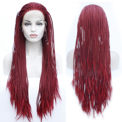 24" Wine Red Triple Braid Lace Front Synthetic Braided Wig BW398