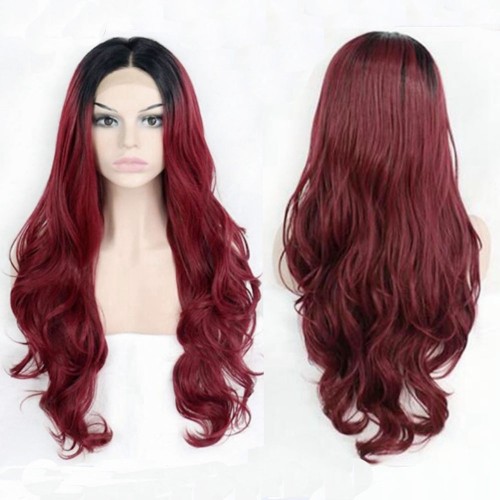 Wine Red With Dark Roots Long Wavy Lace Front Synthetic Wigs LF525