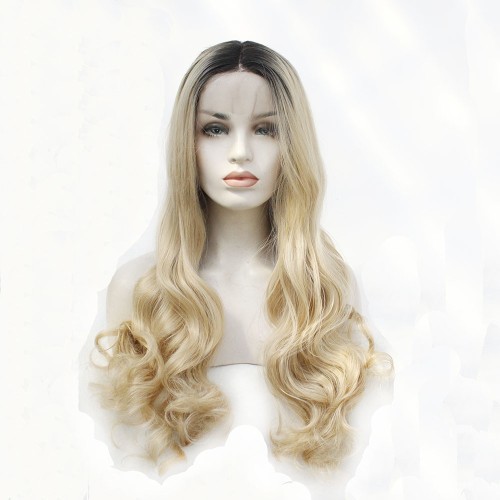 Two Tone Blonde With Dark Roots Wavy Lace Front Synthetic Wigs LF520