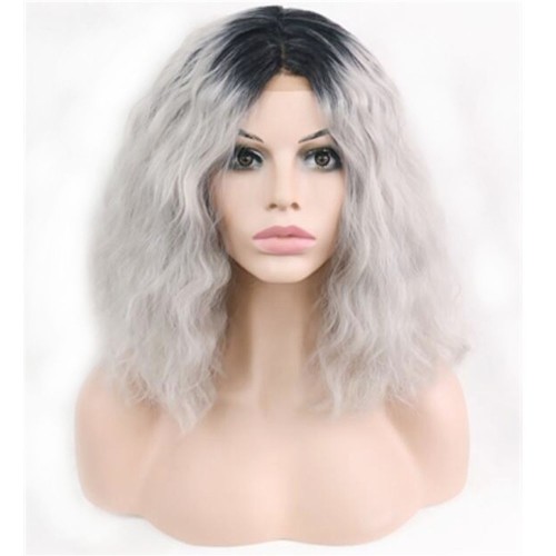 Grey With Dark Roots Short Loose Curly Lace Front Synthetic Wigs LF523