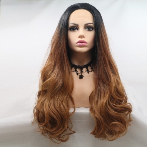 Black Two Tone Brown Ombre Lace Front Synthetic Wigs LF691