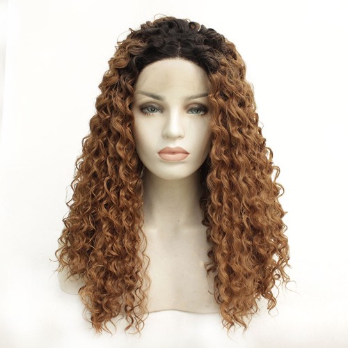 Brown With Dark Roots Curly Lace Front Synthetic Wigs LF554