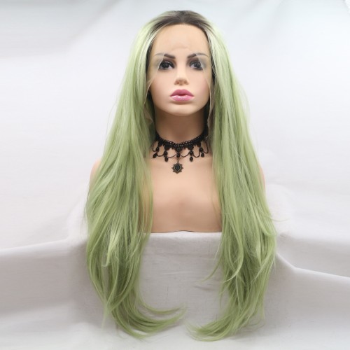 Lime Green With Dark Roots Straight Lace Front Synthetic Wigs LF624