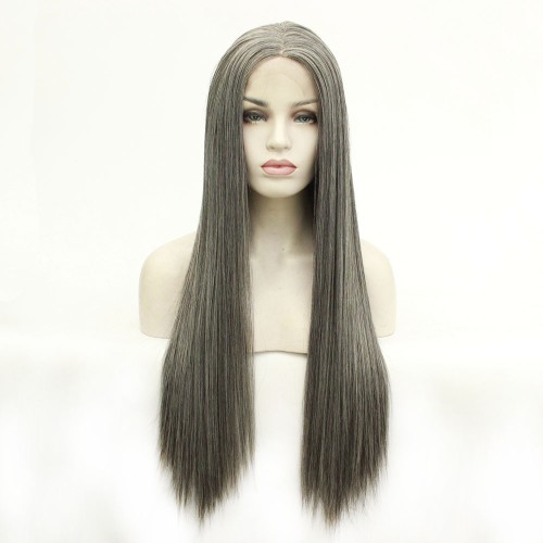 Two Tone Warm Grey Straight Lace Front Synthetic Wigs LF586
