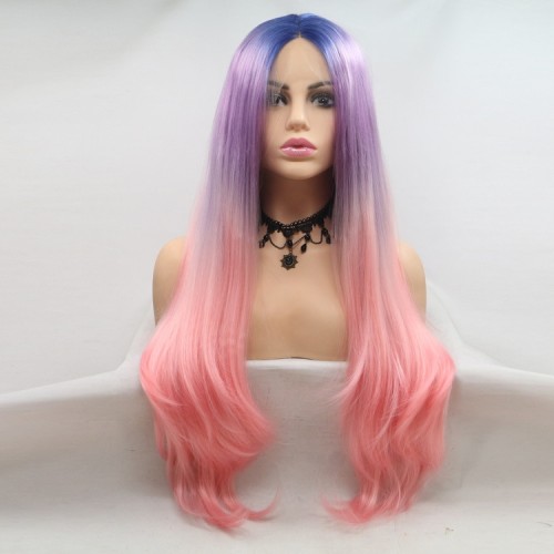 Light Purple Pink Ombre With Blue Roots Wavy Lace Front Synthetic Wigs LF692