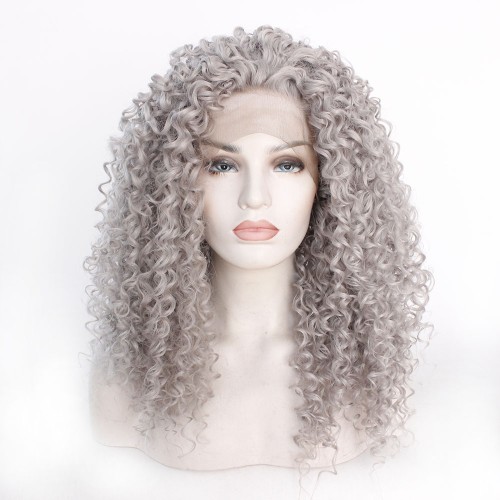 Silver Grey Kinky Curly Lace Front Synthetic Wigs LF551