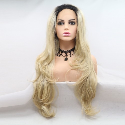 Two Tone Blonde With Dark Roots Wavy Full Lace Front Synthetic Wigs LF695