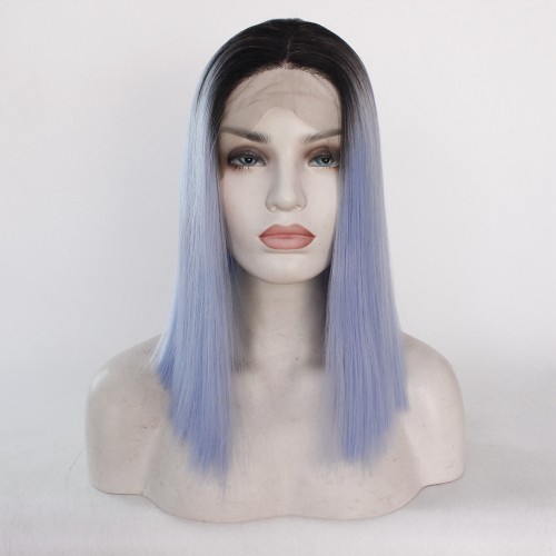 Light Blue with Dark Roots Straight Bob Lace Front Synthetic Wig LF456