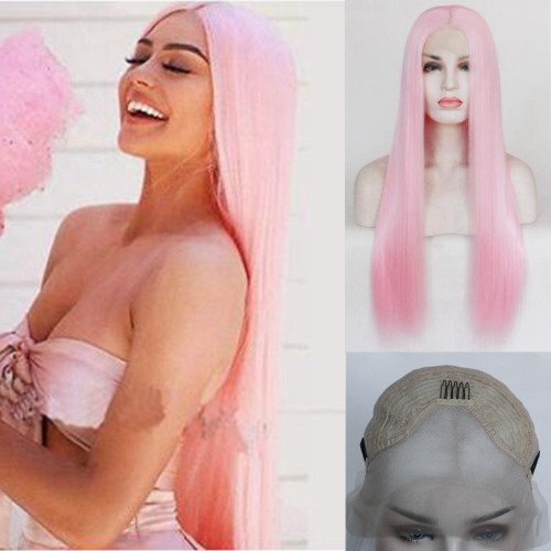 Bright Light Pink Straight Lace Front Synthetic Wig LF517