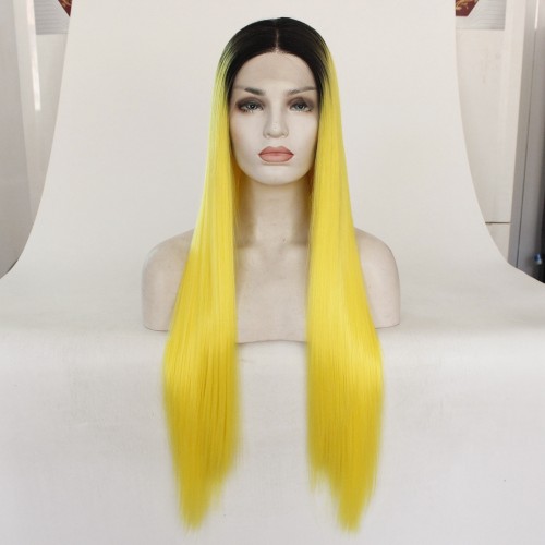 Yellow with Dark Roots Straight Lace Front Synthetic Wig LF421