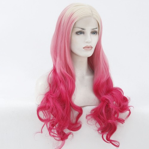 Blonde Pink Red Ombre Wavy Lace Front Synthetic Wig LF511