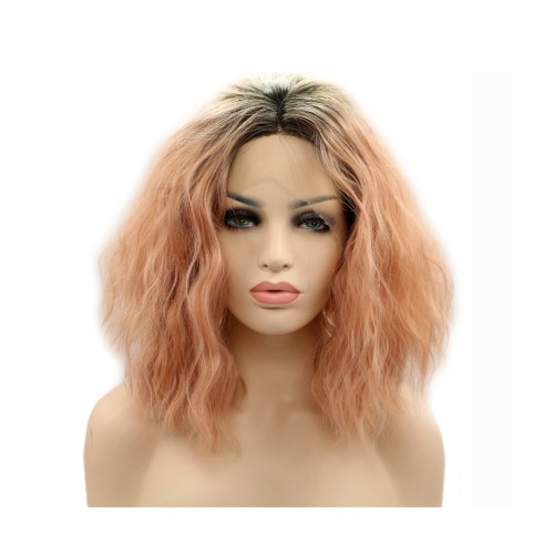 Two Tone Pink With Dark Roots Loose Curly Lace Front Synthetic Wigs LF716