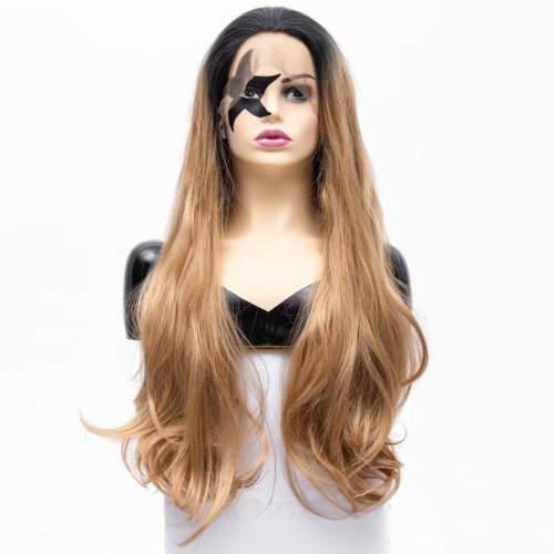 Light Brown With Dark Roots Wavy Lace Front Synthetic Wig LF515