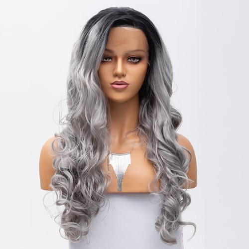 Silver Grey With Dark Roots Wavy Lace Front Synthetic Wig LF504