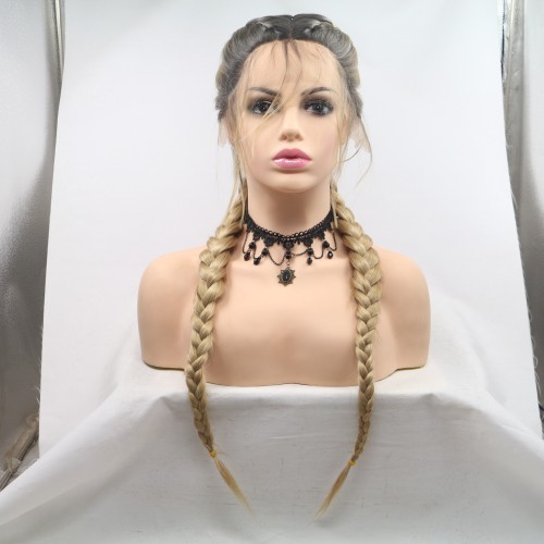 Black Blonde Ombre Double Ponytail Braid Lace Front Braided Wigs BW600