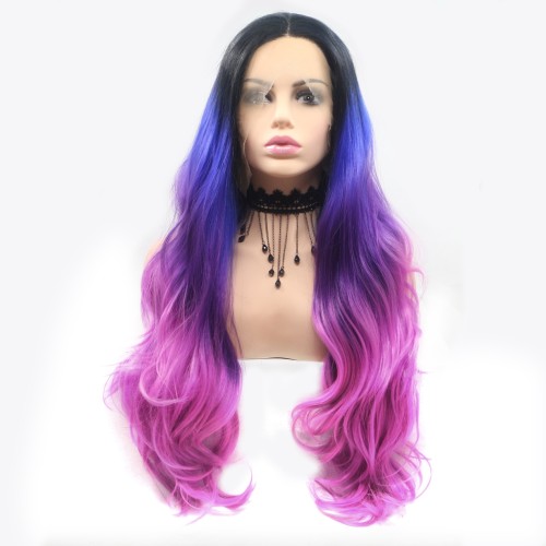 Blue Purple Rose Pink Ombre Body Wavy Lace Front Synthetic Wigs LF689