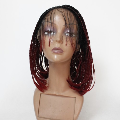 14" Black Wine Red Ombre Bob Lace Front Synthetic Braided Wig BW385