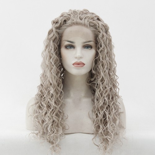 Grey Beige Kinky Curly Lace Front Synthetic Wigs LF542