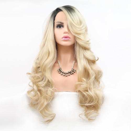 Two Tone Blonde Long Wavy Lace Front Synthetic Wigs LF674