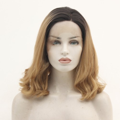 Light Brown With Dark Roots Shoulder-length Wavy Lace Front Synthetic Wig LF501