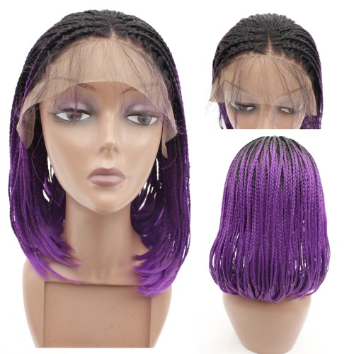 14" Black Purple Ombre Bob Lace Front Synthetic Braided Wig BW377