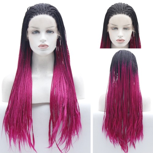 24" Black Pink Ombre Pigtail Lace Front Synthetic Braided Wig BW375